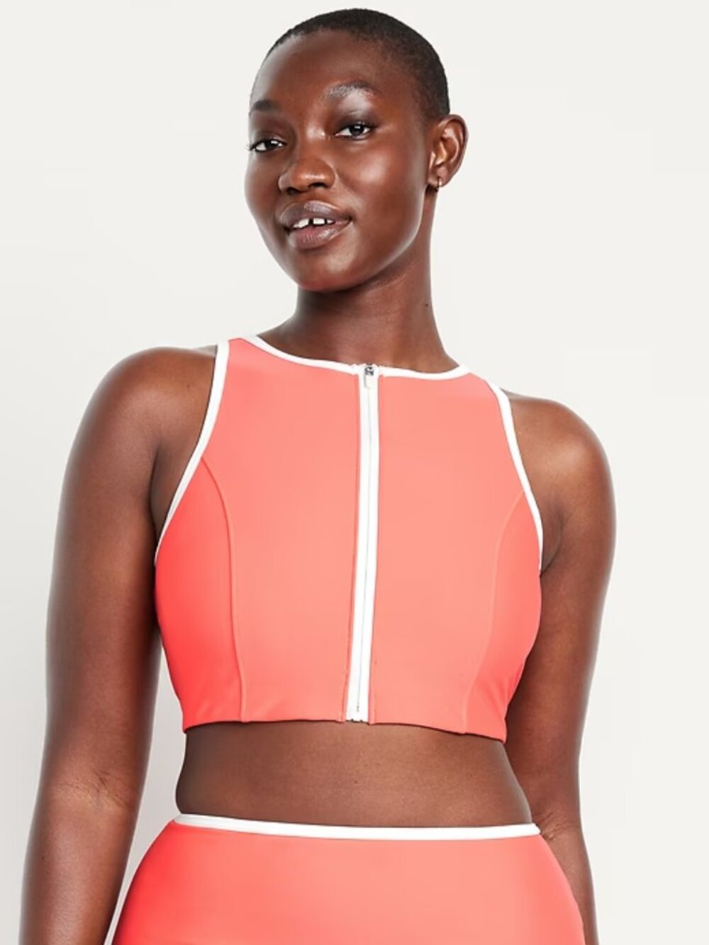 NWT M Old Navy Coral / White Matte Zip-Front Surf Top Swim Bikini Top
